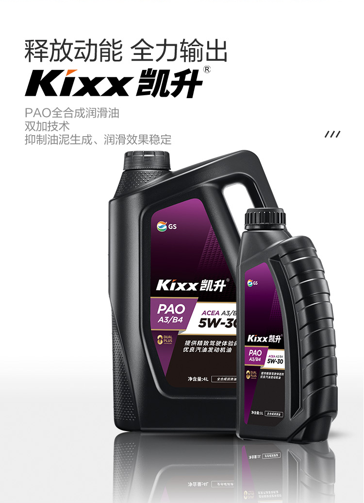 GS (Kixx) 凱升PAO全合成機油 5W-30 A3B4級 黑凱系列 4L-第2張圖片-鄭州市冠恒貿易有限公司【官方網(wǎng)站】-車(chē)用潤滑油服務(wù)專(zhuān)家
